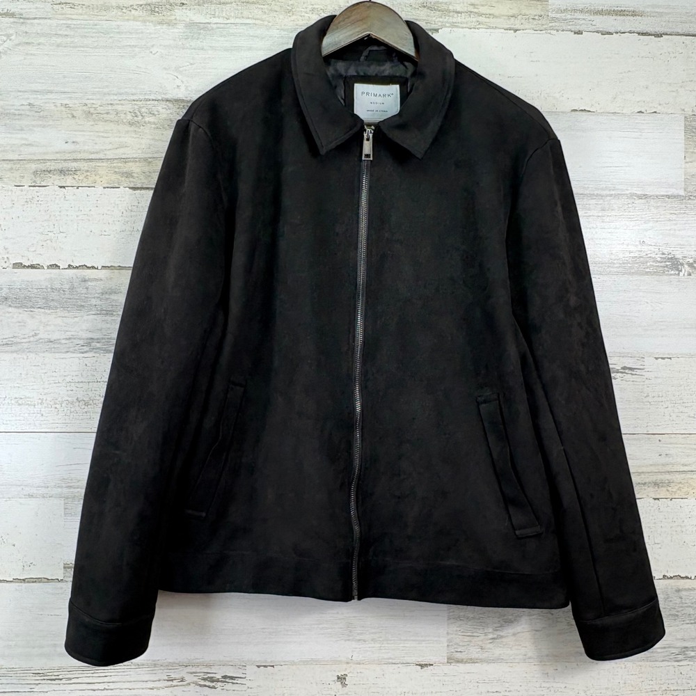 Primark Jacket Men Medium Black Faux Suede Blouson Full Zip Harrington Normcore